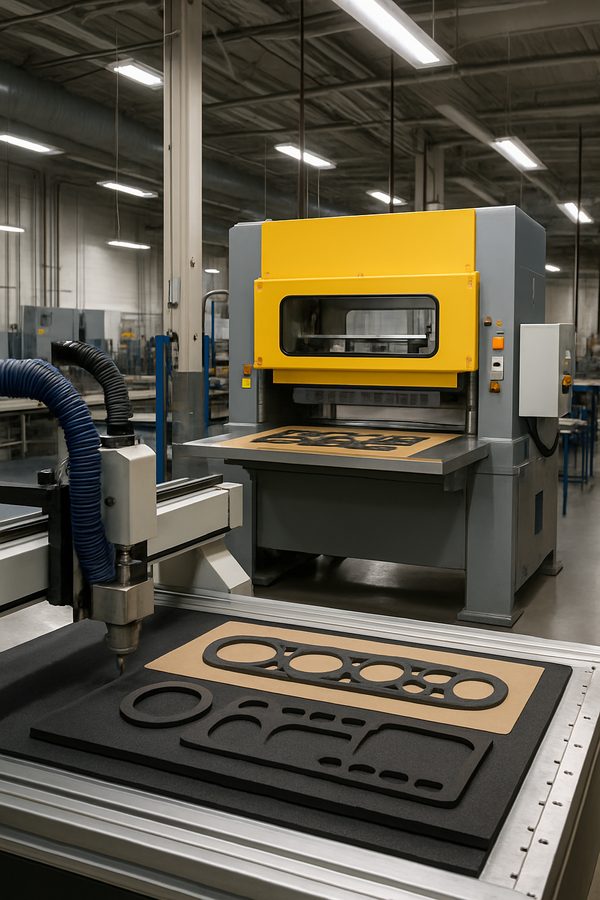 Steel rule die press and CNC digital routing equipment for custom gasket fabrication