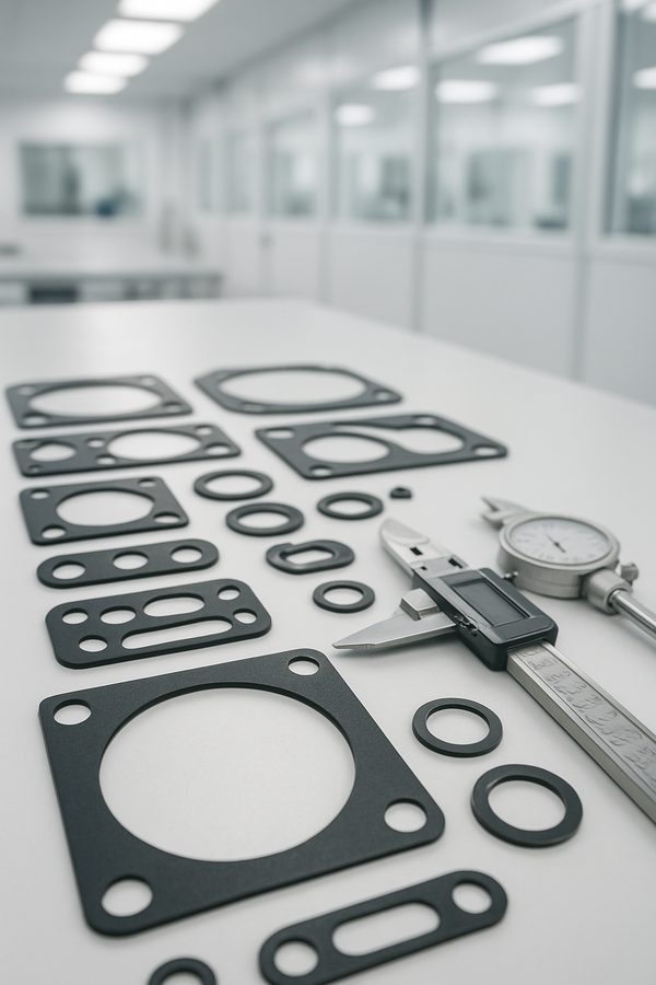 Precision-cut custom gaskets and seals on quality inspection table with calipers and measuring tools
