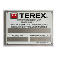 custom made aluminum metal nameplate for Terex