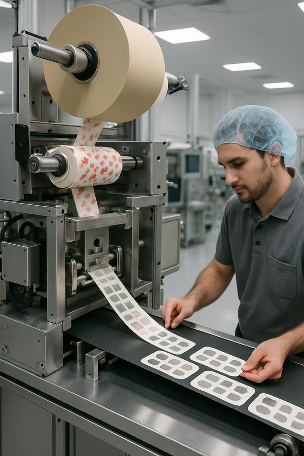 Die-cutting converting machine for adhesive products