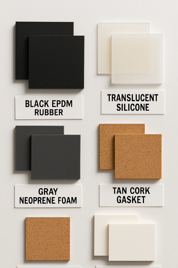 Gasket materials including EPDM, neoprene, silicone, cork, and Poron foam